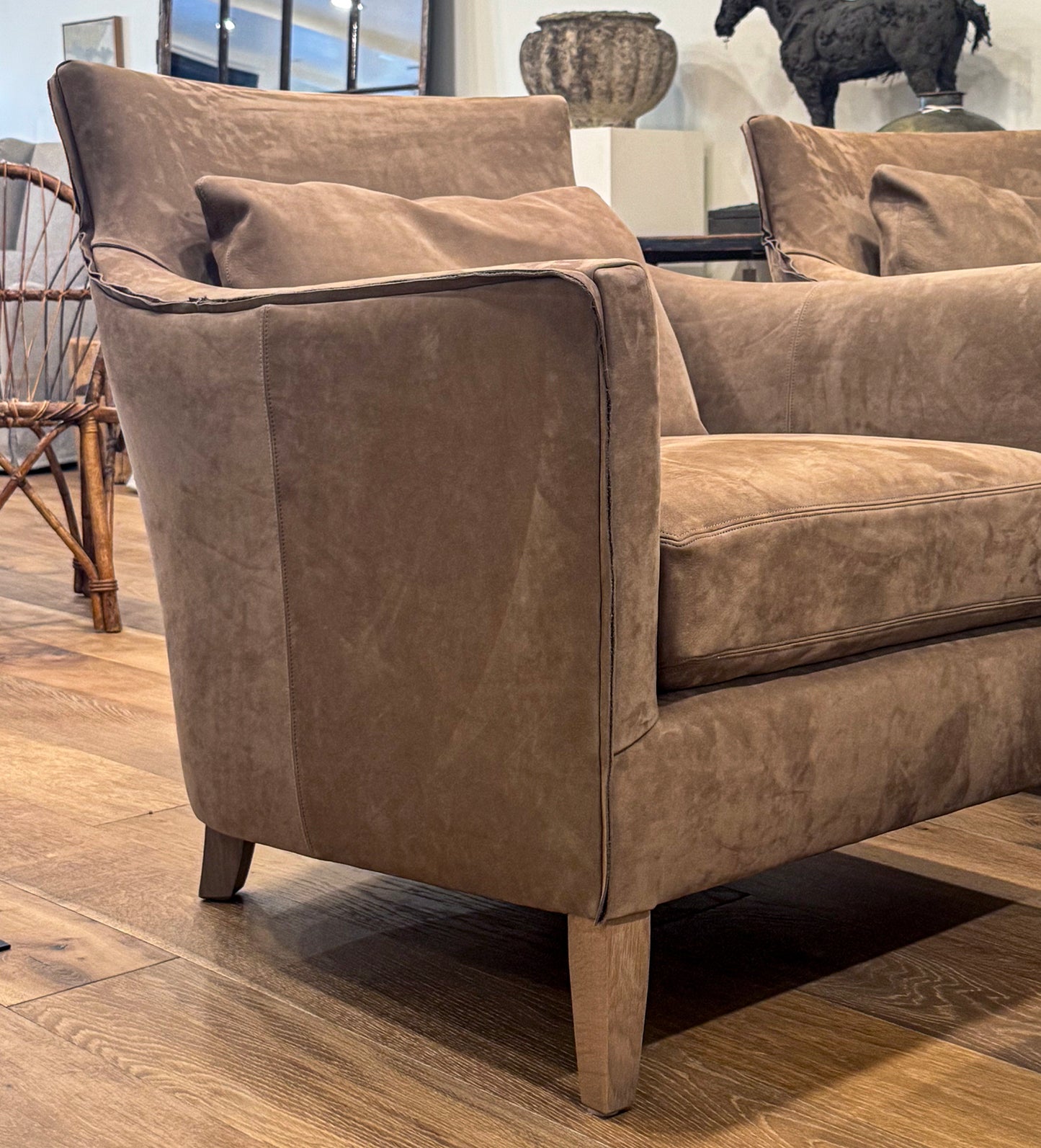 Victor chair floor model plush taupe suede armchair with classic cushioned design and tapered wooden legs