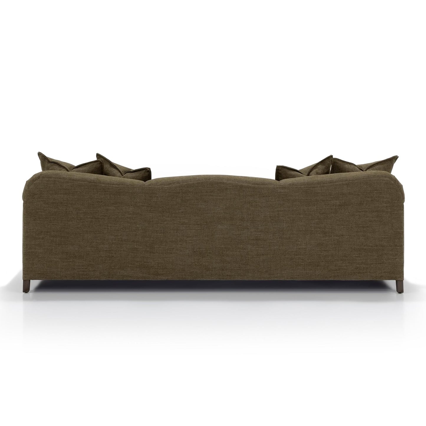 Custom order Gwyneth sofa olive green upholstered with textured fabric finish and matching throw pillows