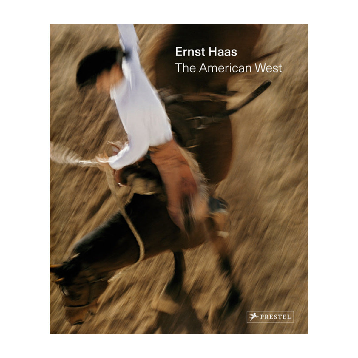 Book cover of 'The American West' by Ernst Haas with a blurred image of a person on horseback.