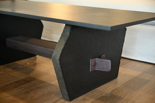 Blue stone cocktail table black rustic coffee table with matte finished top and thick angular legs with metal hardware