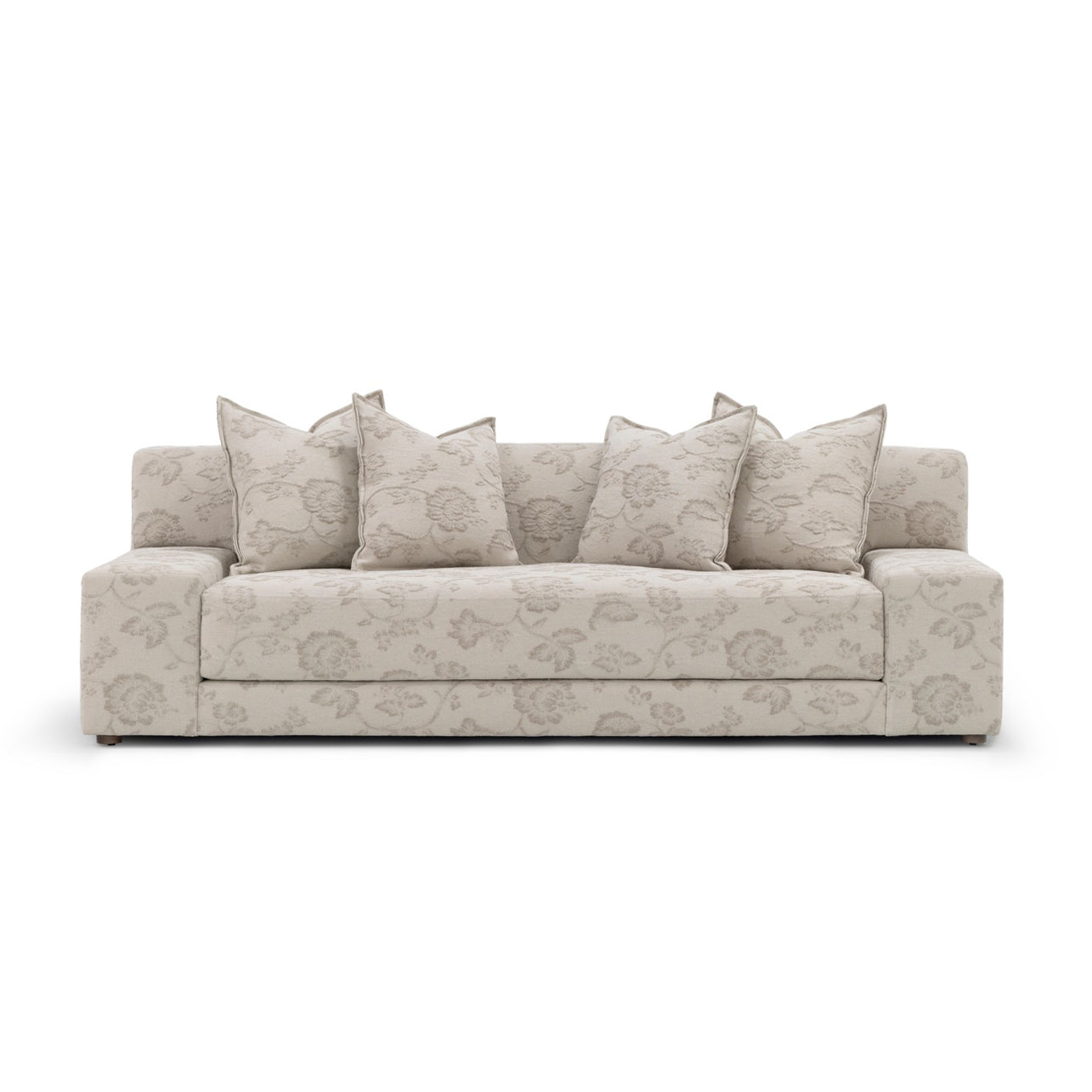 Custom order Esme sofa beige fabric with subtle floral pattern and matching throw pillows for stylish living room seating