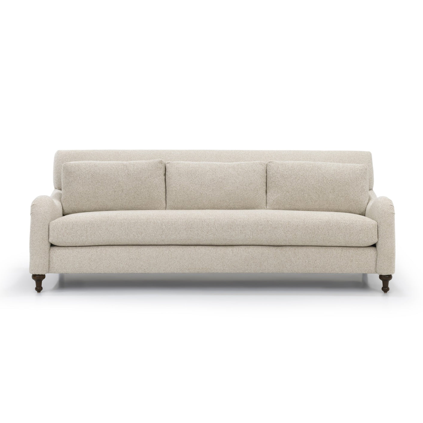 Beige upholstered custom order margot three-seater sofa with rolled arms and dark wooden legs