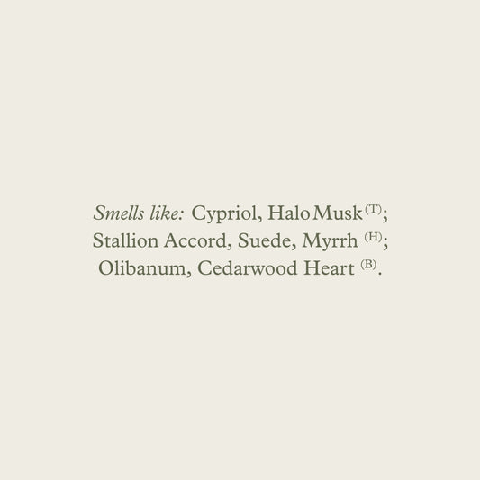 Maison d’etto candle rotano scent profile label showing cyriol halo musk suede myrrh olibanum and cedarwood notes