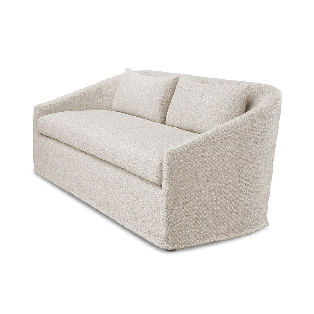 Beige textured fabric genevie slipcovered loveseat with two matching pillows 84 inches floor model