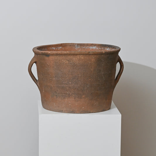 19th century french terracotta vessel rustic pot with two looped handles and weathered brown textured surface
