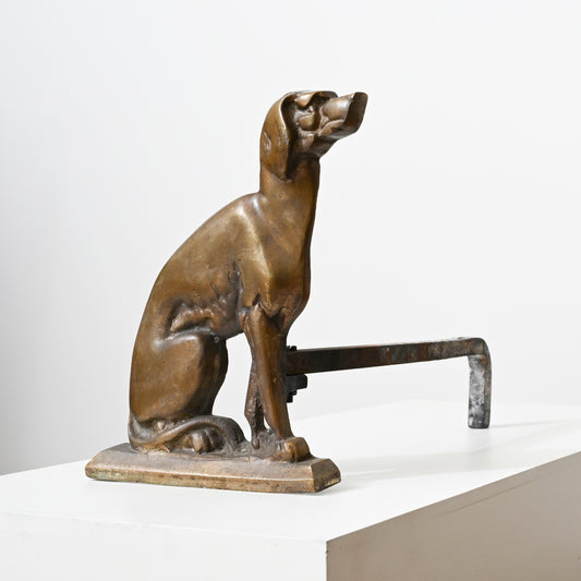 Early 20th century antique brass dog andirons with bronze dog-shaped fireplace tool and metal lever, polished finish