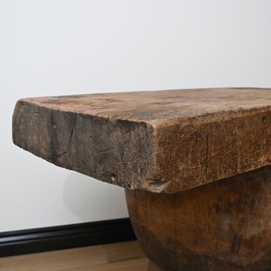 Rustic brown wooden late 19th century Japanese usu table with a thick rough-hewn top and sturdy base