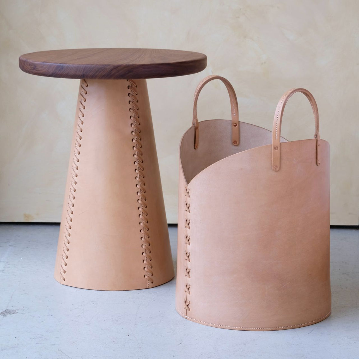 Taper Side Table with leather base.