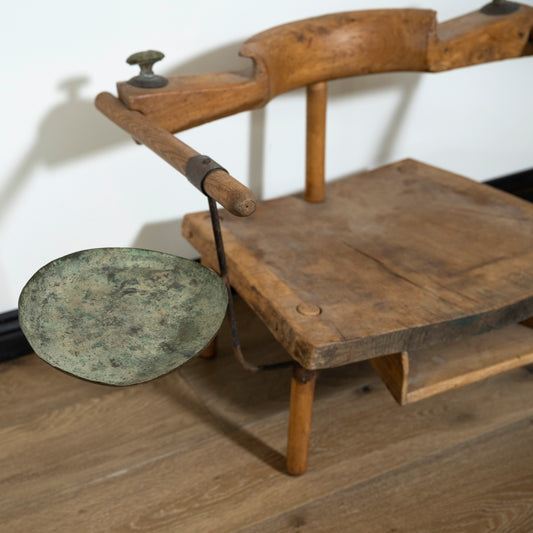 Antique Belgian smoking chair crafted from solid wood and wrought iron tray.