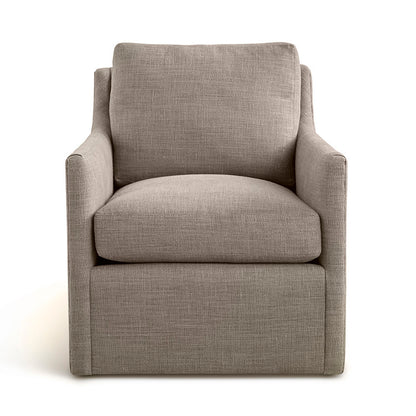 Beige linen-textured custom order carmel swivel chair with modern minimalist design and comfortable armchair style