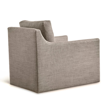 A modern custom order Carmel swivel chair with neutral gray upholstered fabric and clean boxy lines