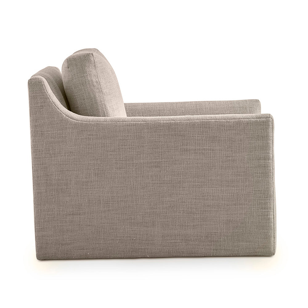 Beige linen-textured custom order carmel swivel chair with clean modern lines and a slightly curved backrest