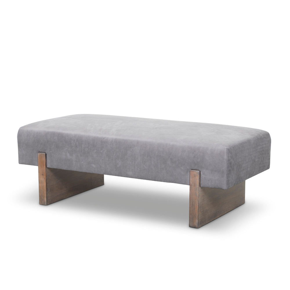 Custom order Fremont bench featuring gray upholstered seat with sleek rectangular metal legs for modern seating