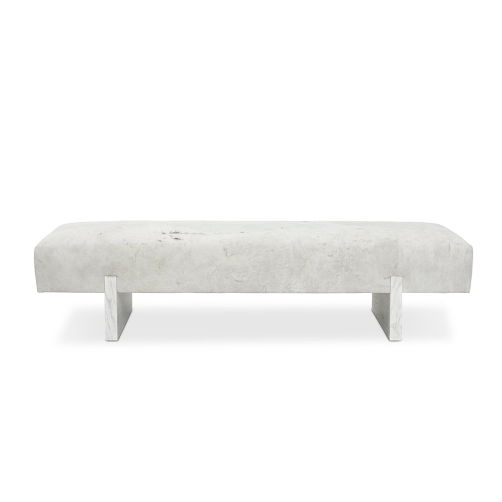 Custom order Fremont bench with sleek textured white upholstered seat and minimalist metallic legs for modern seating
