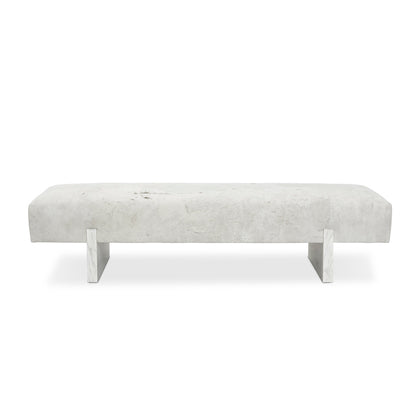 Custom order Fremont bench with sleek textured white upholstered seat and minimalist metallic legs for modern seating