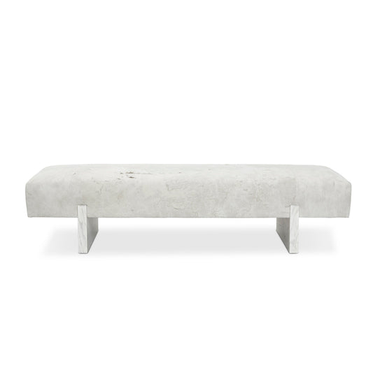 Custom order Fremont bench with sleek textured white upholstered seat and minimalist metallic legs for modern seating