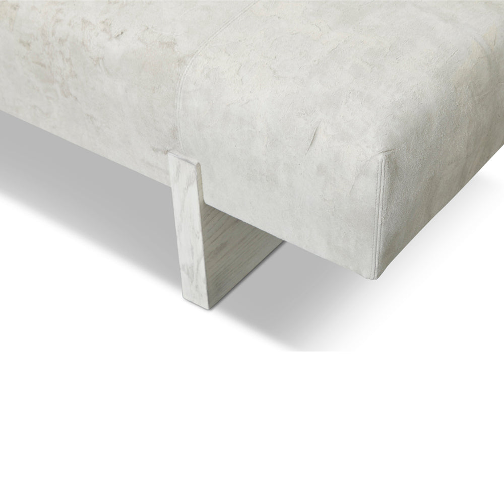 Custom order fremont bench minimalist sofa with textured gray fabric upholstery and concrete like clean-lined legs