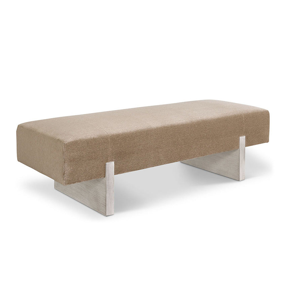 Beige upholstered custom order fremont bench with sleek minimalist metal legs for modern seating