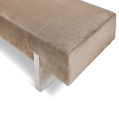 Beige upholstered custom order Fremont bench with modern minimalist design and sleek metallic legs