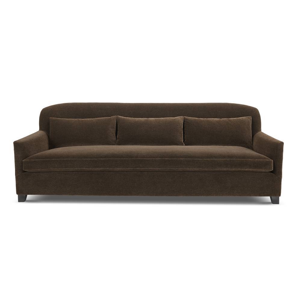 Custom order morgan sofa brown velvet with three matching cushions and dark wooden legs for comfortable seating