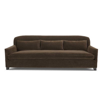Custom order morgan sofa brown velvet with three matching cushions and dark wooden legs for comfortable seating