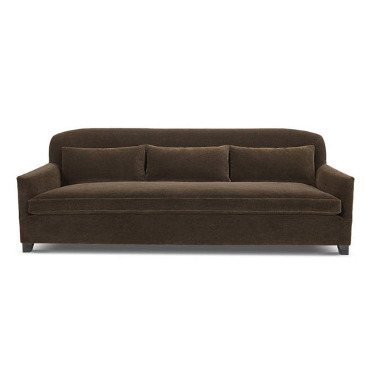 Custom order morgan sofa brown velvet with three matching cushions and dark wooden legs for comfortable seating