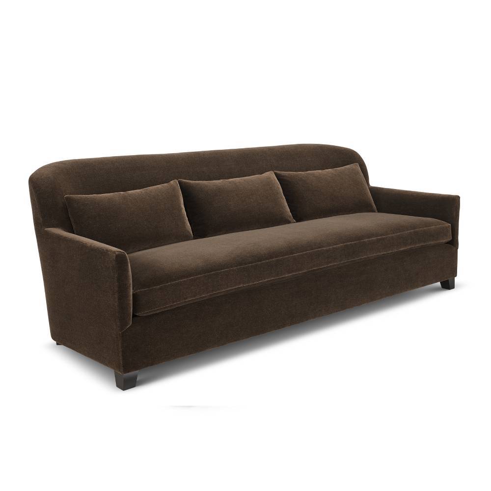 Custom order morgan sofa brown velvet with three matching cushions and dark wooden legs