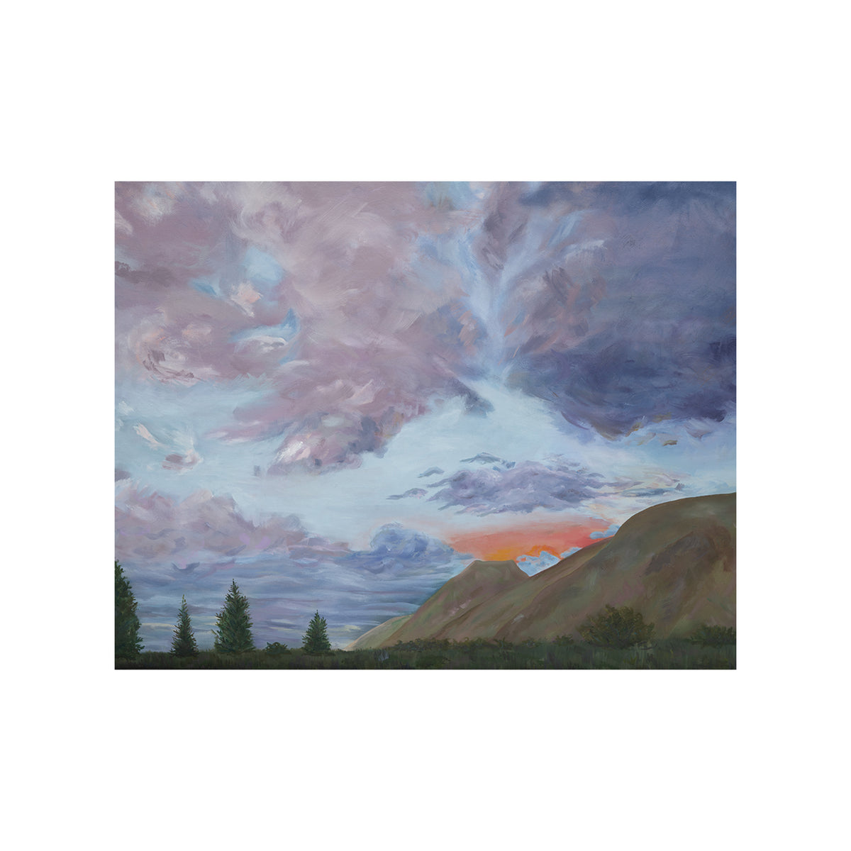 An impressionistic landscape painting featuring a dramatic cloudy sky in shades of purple, blue, and white, with a brown hillside and dark trees under a glowing orange sunset glow.
