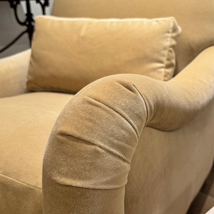Custom order margot club chair beige upholstered armchair with soft textured fabric and gently curved arms