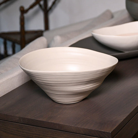 Cream-colored ceramic campanella medium hemp bowl with subtle concentric ridges and smooth glossy finish