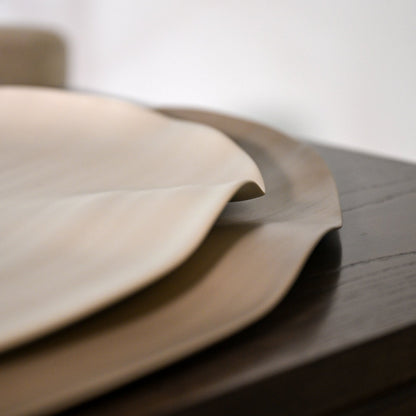 Beige leather placemats leaf xlarge light brown with soft smooth texture and gentle folds for elegant table settings
