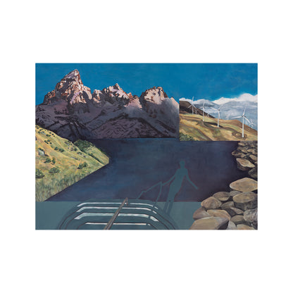 A surreal landscape painting featuring jagged pinkish-brown mountains under a deep blue sky, with white wind turbines on a grassy hill, a dark blue reflective water surface, and a silhouetted figure standing on rocks in the foreground.