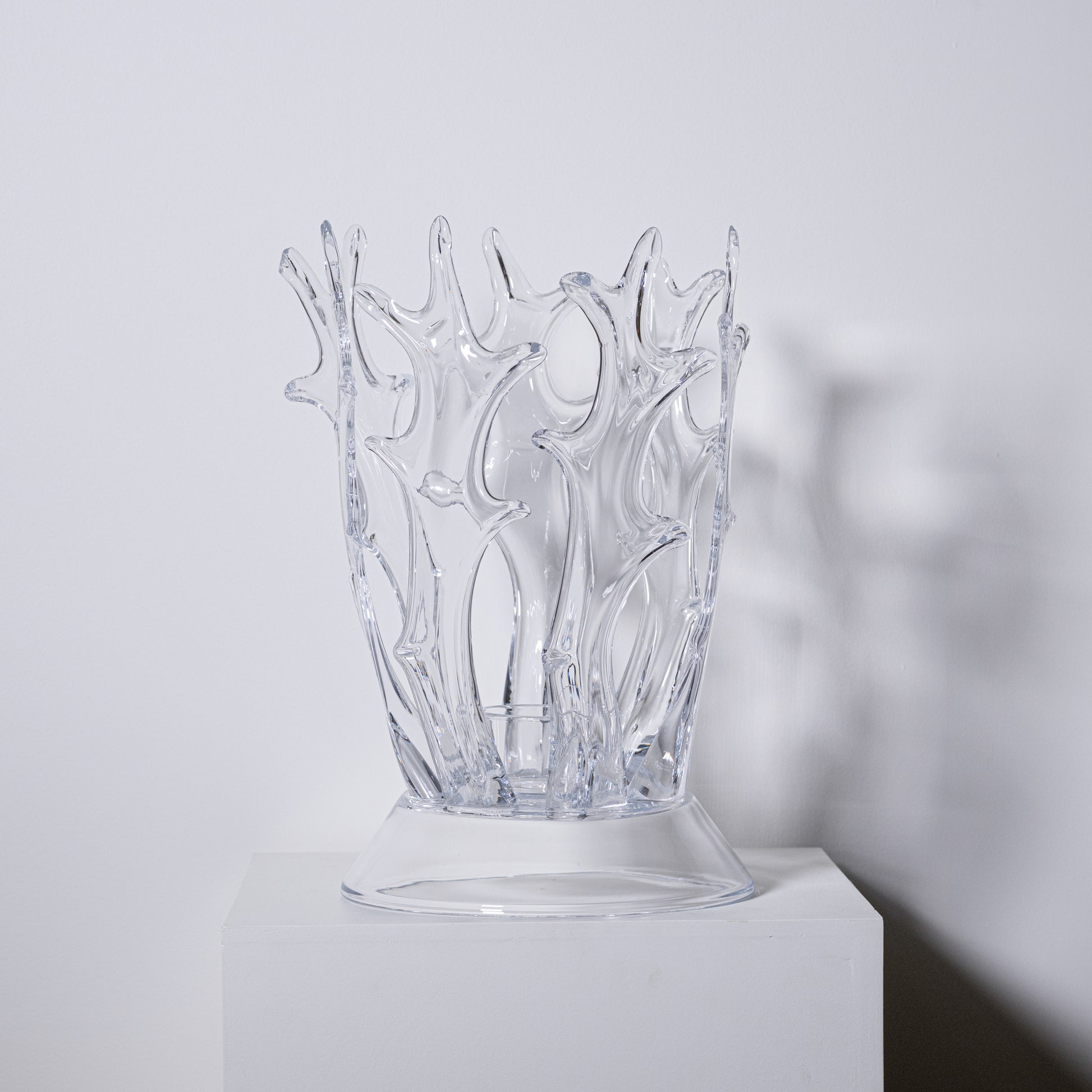 Clear glass antler hurricane vase with intricate branching design resembling coral or tree roots