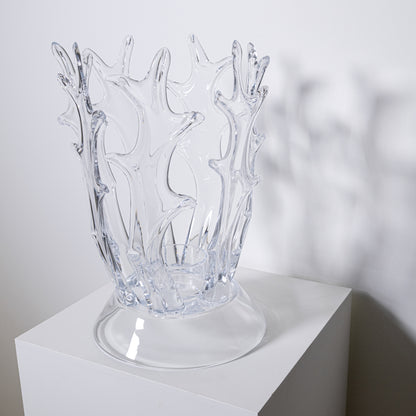 Clear glass antler hurricane vase with intricate branching design resembling coral or tree roots