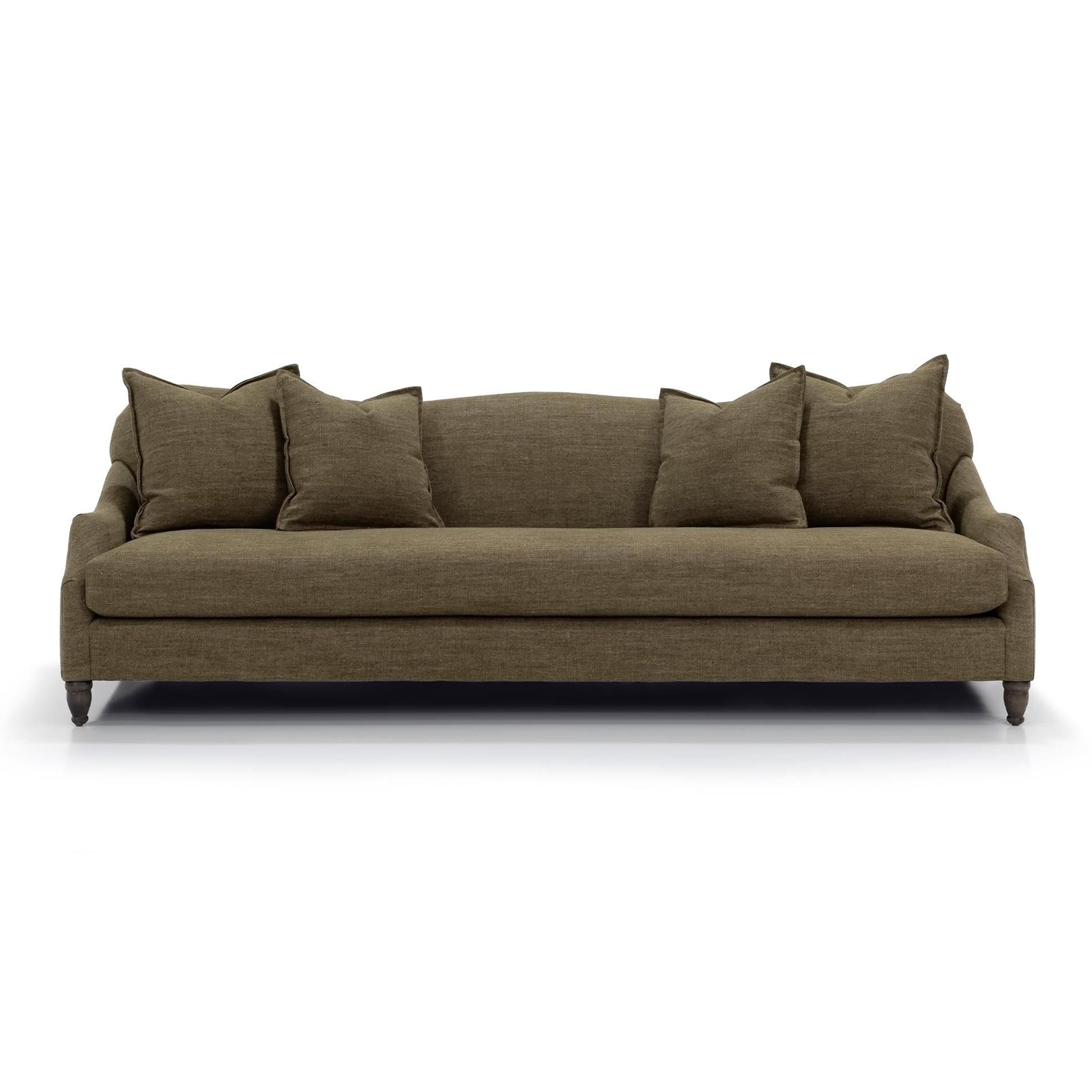 Custom order Gwyneth sofa olive green plush upholstery classic curved armrests dark wooden legs