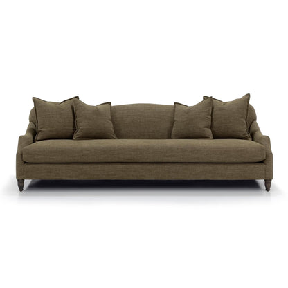 Custom order Gwyneth sofa olive green plush upholstery classic curved armrests dark wooden legs