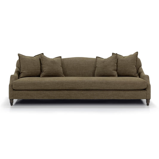 Custom order Gwyneth sofa olive green plush upholstery classic curved armrests dark wooden legs