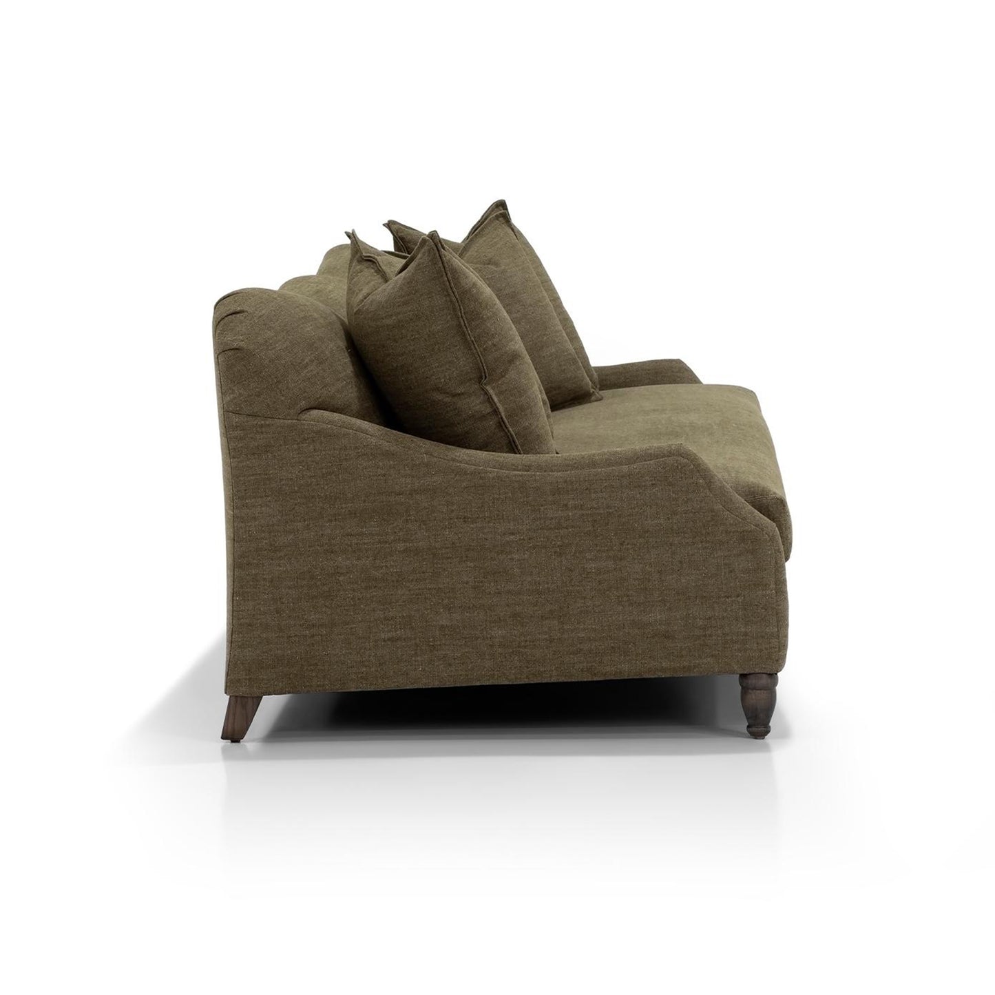 Custom order Gwyneth sofa olive green upholstered with tufted backrest and matching throw pillows for living room seating