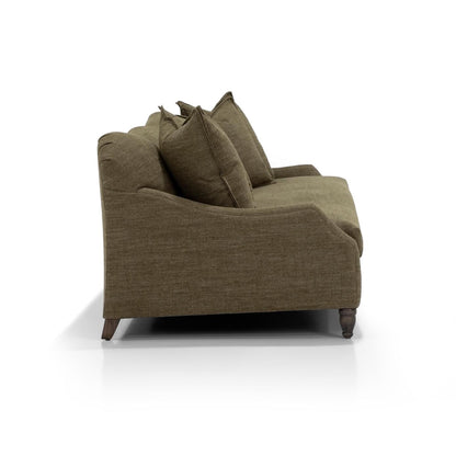 Custom order Gwyneth sofa olive green upholstered with tufted backrest and matching throw pillows for living room seating