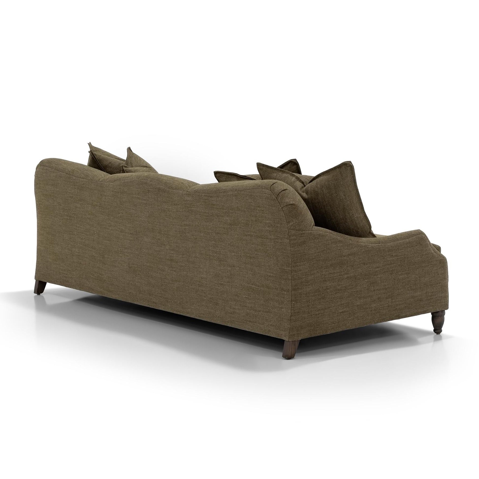 Custom order Gwyneth sofa plush olive green upholstered classic design with dark wooden legs and comfortable seating