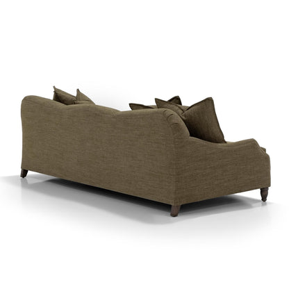 Custom order Gwyneth sofa plush olive green upholstered classic design with dark wooden legs and comfortable seating