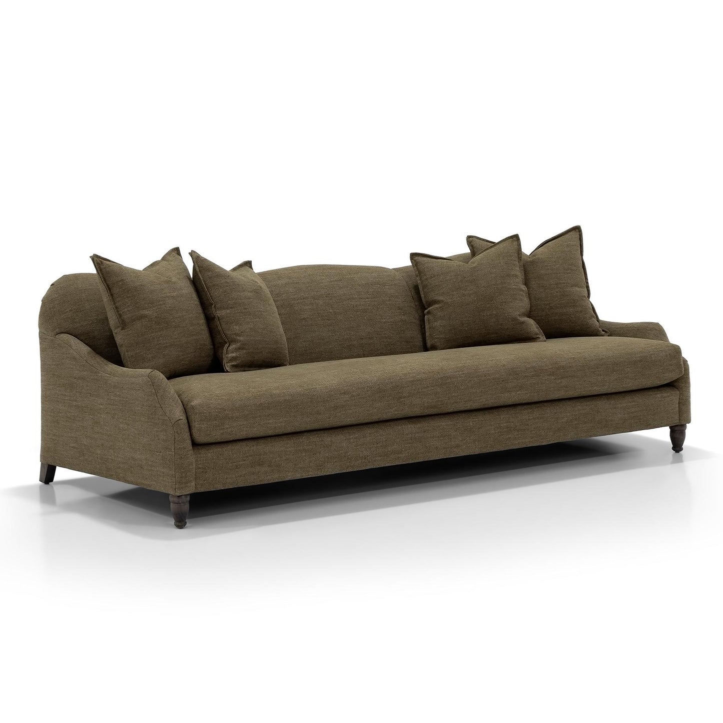 Custom order Gwyneth sofa in olive green with textured fabric upholstery and dark wooden legs