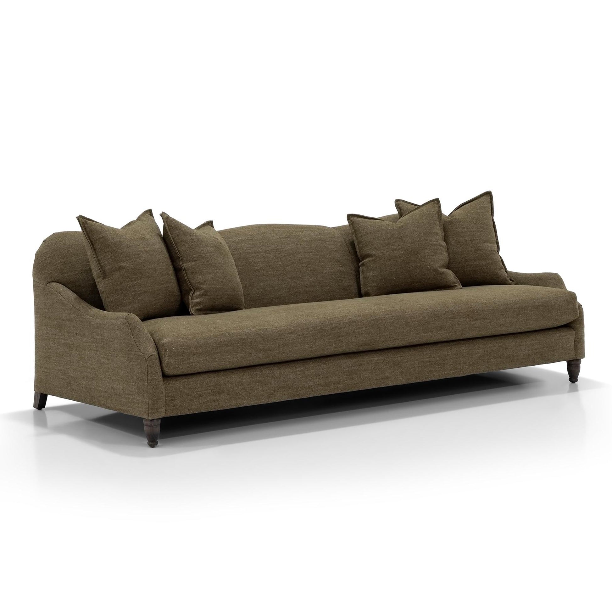 Custom order Gwyneth sofa in olive green with textured fabric upholstery and dark wooden legs