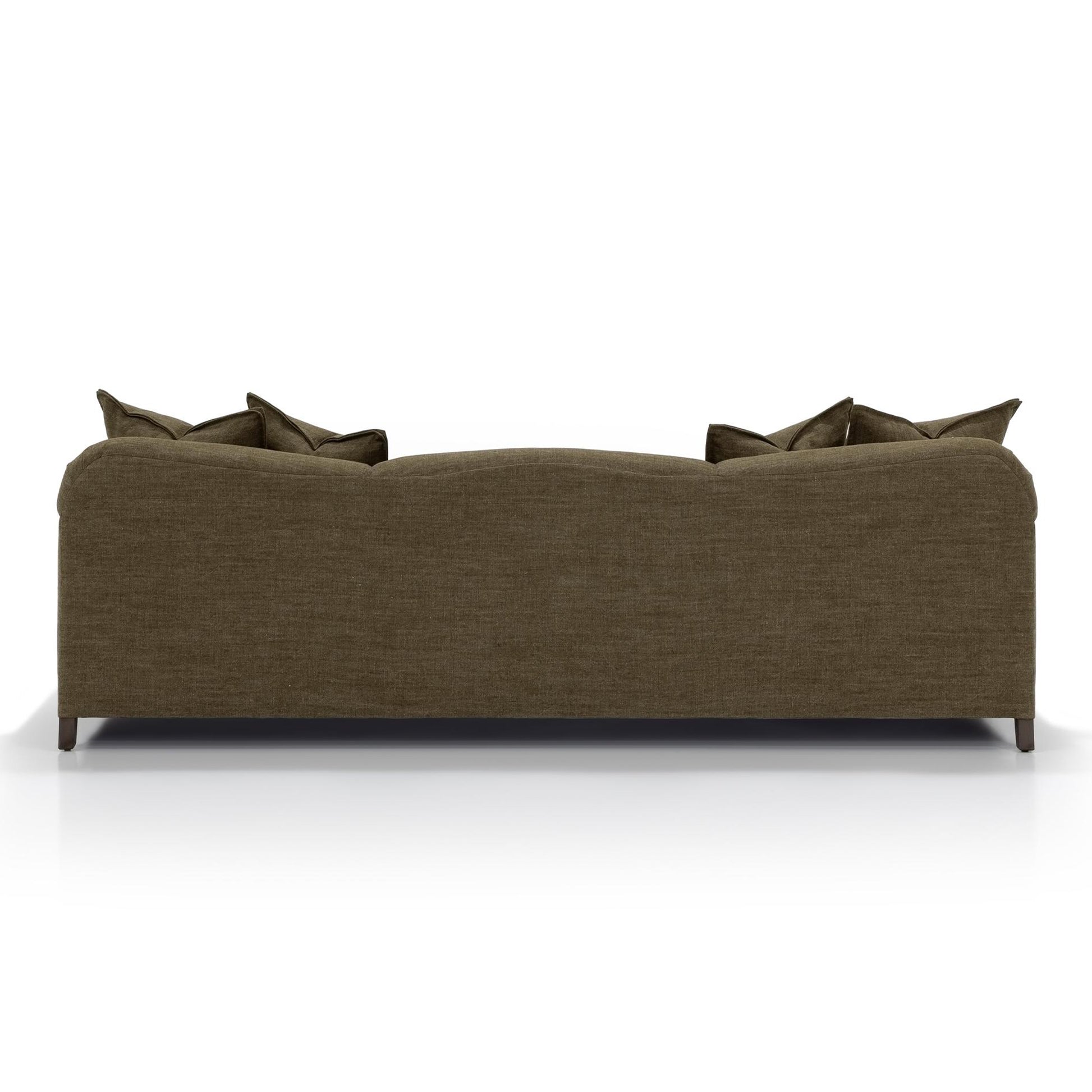Custom order Gwyneth sofa olive green upholstered with textured fabric finish and matching throw pillows
