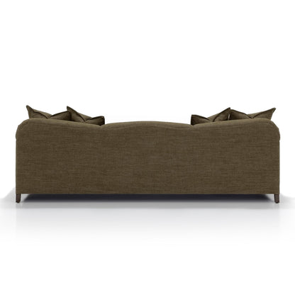 Custom order Gwyneth sofa olive green upholstered with textured fabric finish and matching throw pillows