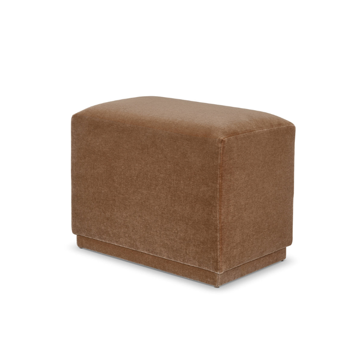 Custom order aurora ottoman in brown velvet with plush texture and clean boxy lines for comfortable seating