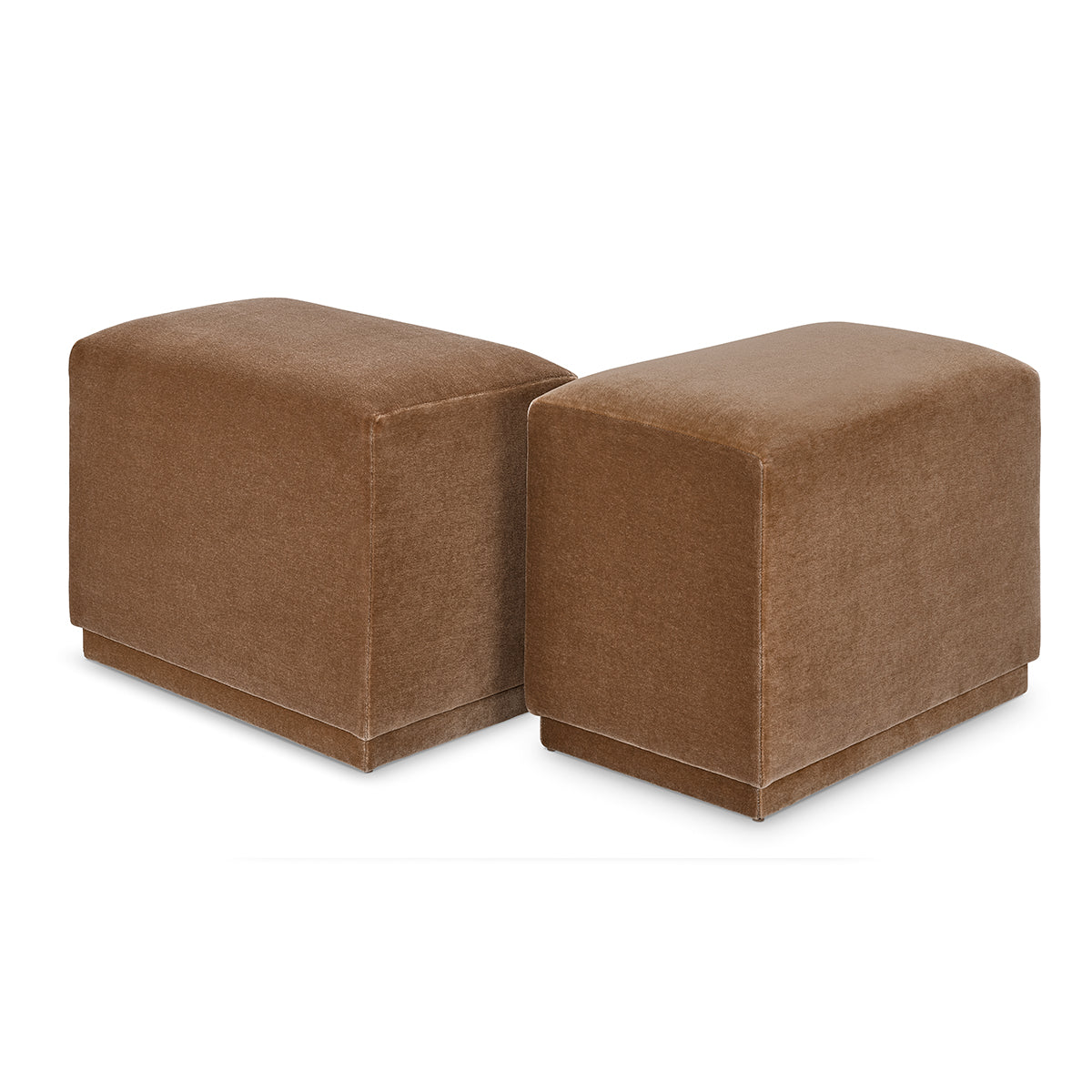 Two matching brown velvet cube ottomans with plush texture and modern lines from the custom order aurora ottoman collection