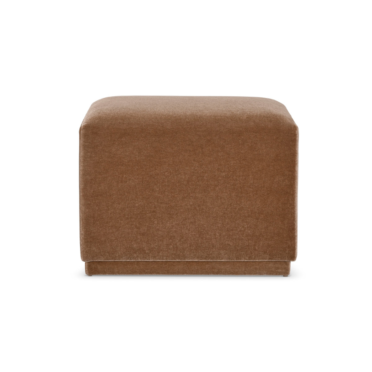 Custom order aurora ottoman in brown velvet with square cushioned design and low profile base for comfortable seating