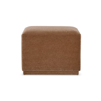 Custom order aurora ottoman in brown velvet with square cushioned design and low profile base for comfortable seating