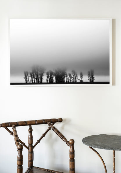 Framed black and white landscape of trees on a foggy day above a wooden chair and table.